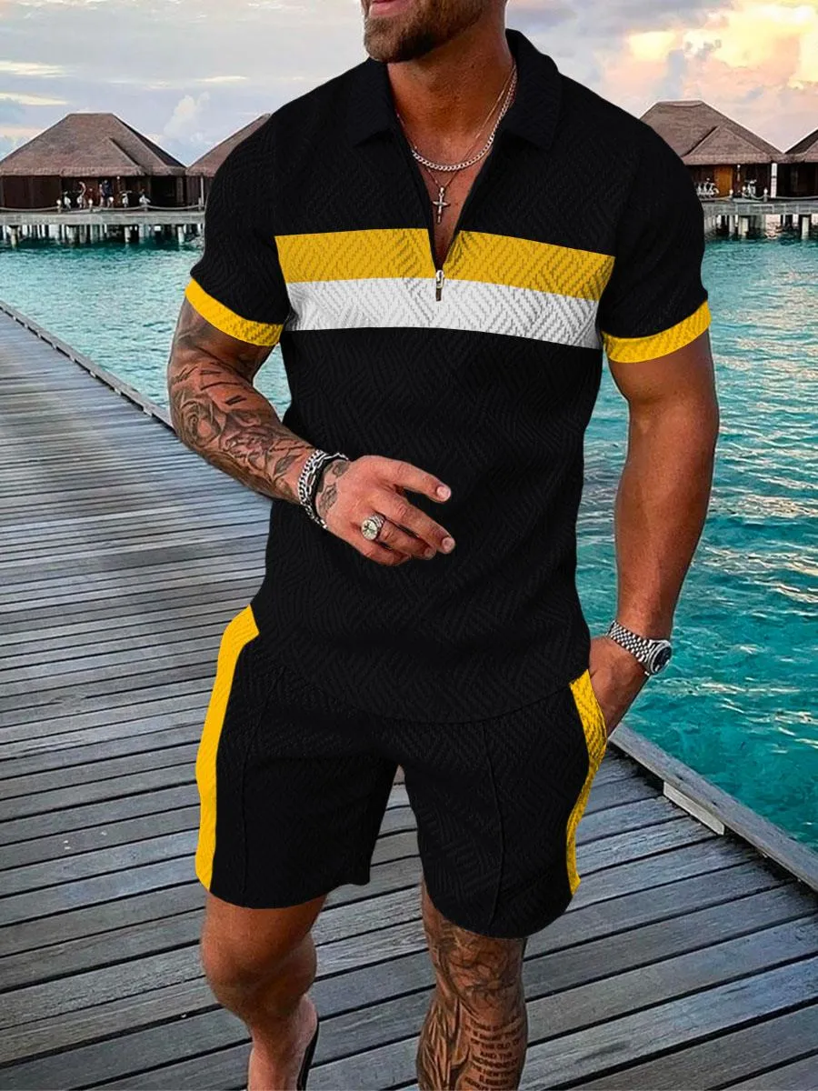 Men's Fashion 3D Printed Short Sleeve Geometric Zip Lapel Shirt Set
