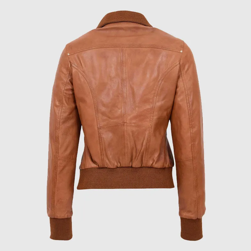 New High Quality Womens Leather Classic Bomber Jacket Motto Tan