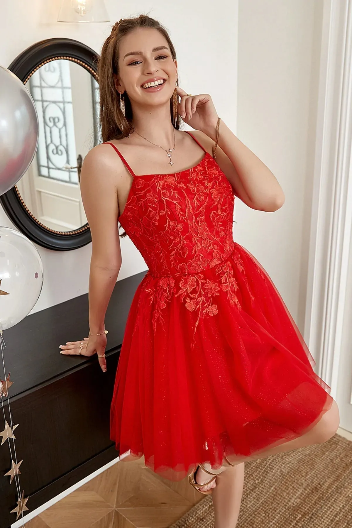 Open Back Red Lace Short Prom Dresses, Red Lace Homecoming Dresses, Short Red Formal Evening Dresses