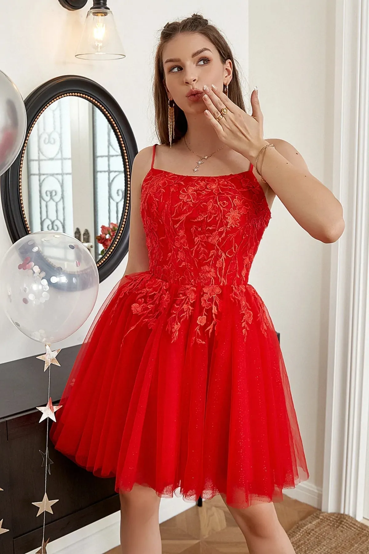 Open Back Red Lace Short Prom Dresses, Red Lace Homecoming Dresses, Short Red Formal Evening Dresses