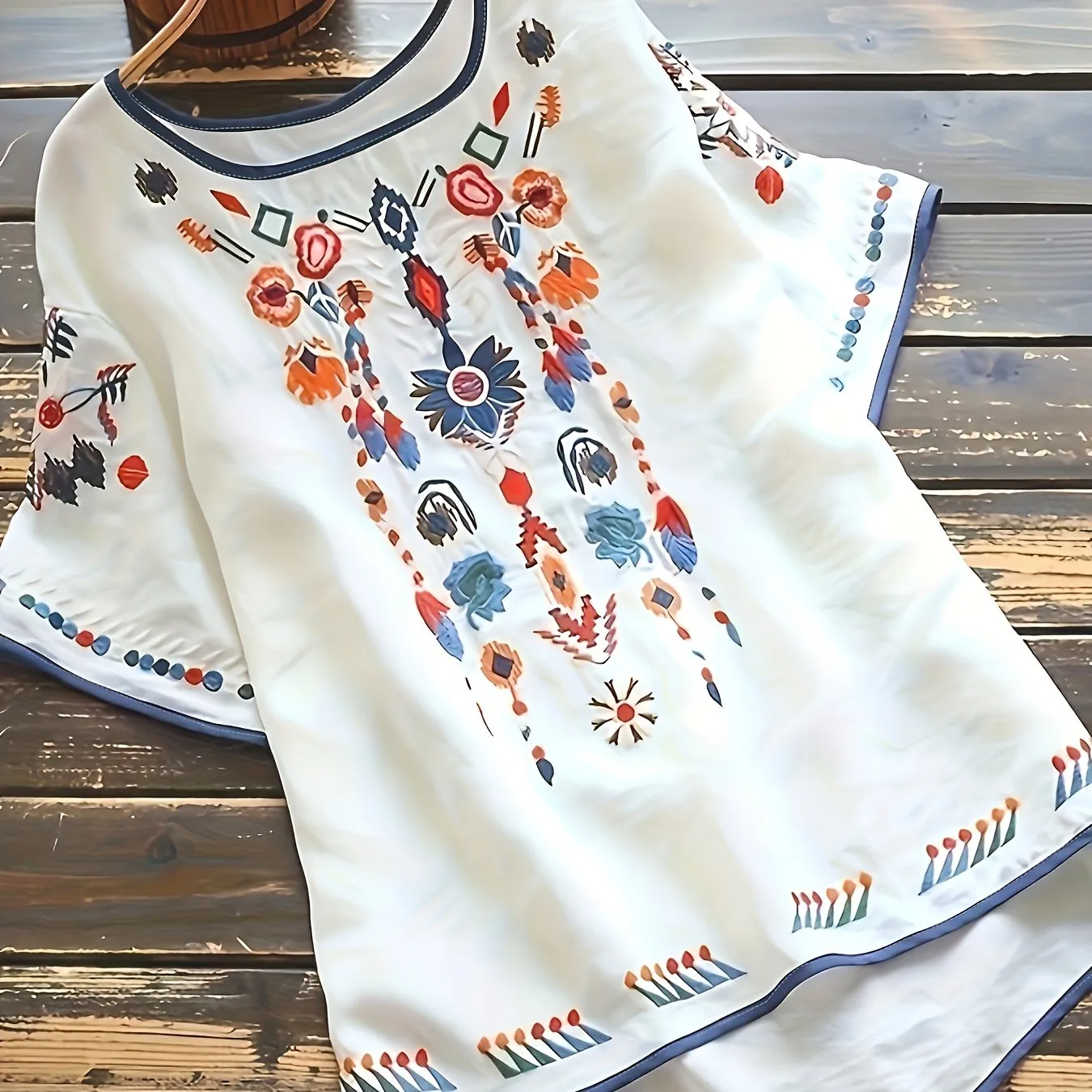 Plus Size Floral Embroidered Crew Neck Short Sleeve Blouse - Soft Slight Stretch Polyester Fabric, Vacation-Ready Top for Spring and All Seasons - Womens Casual Embroidery Clothing
