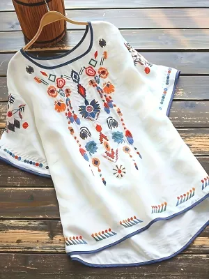 Plus Size Floral Embroidered Crew Neck Short Sleeve Blouse - Soft Slight Stretch Polyester Fabric, Vacation-Ready Top for Spring and All Seasons - Womens Casual Embroidery Clothing