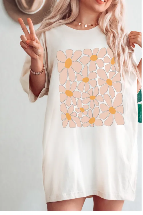 Retro Daisies, Hippie, Abstract Hand-Drawn Bella Canvas® T-Shirt, T-Shirt Dress, Psychedelic, Groovy Flower Shapes Tee
