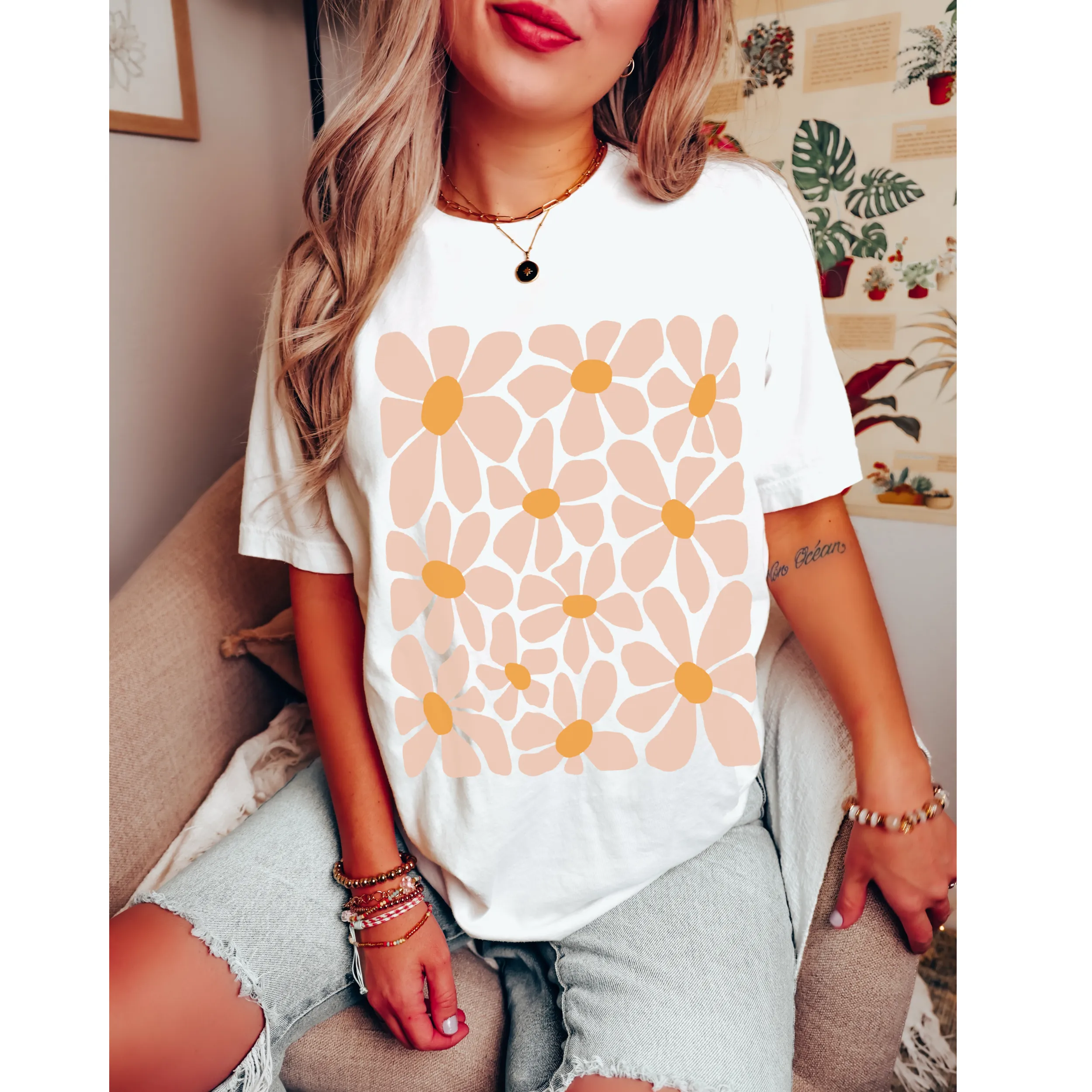 Retro Daisies, Hippie, Abstract Hand-Drawn Bella Canvas® T-Shirt, T-Shirt Dress, Psychedelic, Groovy Flower Shapes Tee