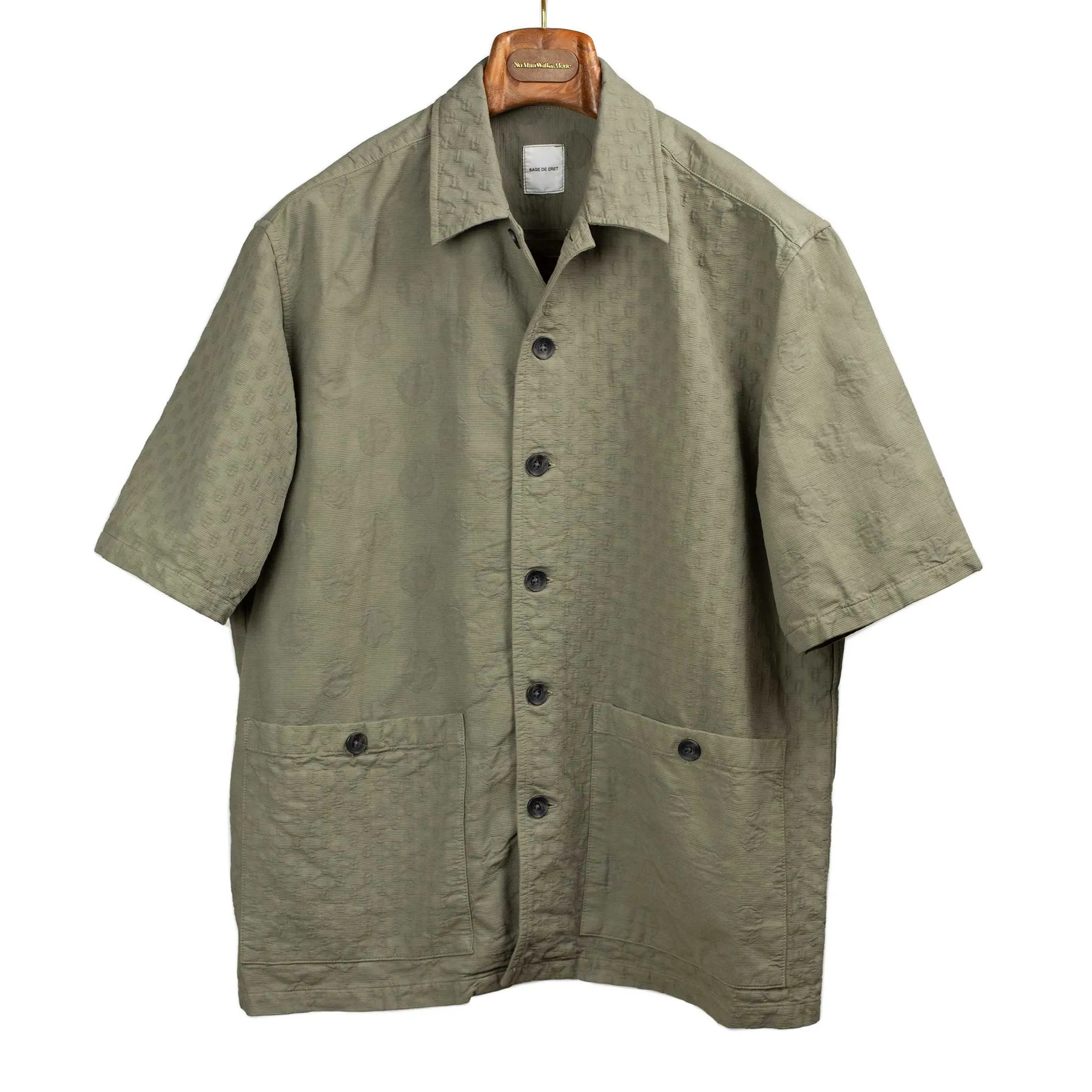 Short sleeve shirt in olive cotton patchwork dot jacquard
