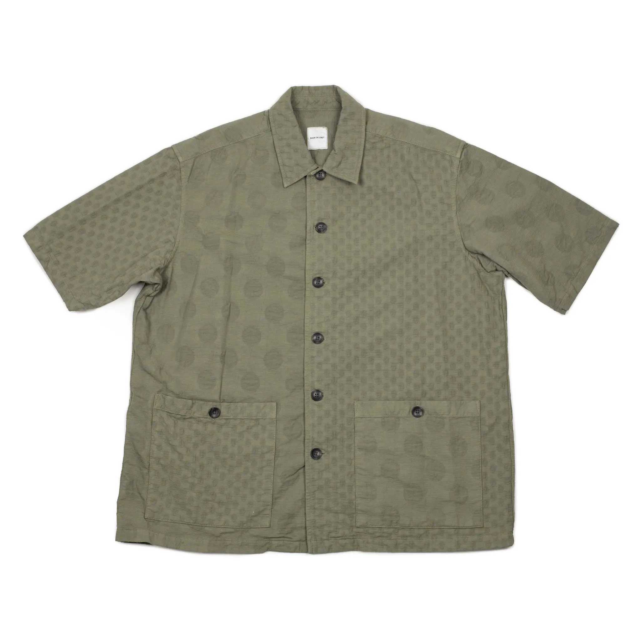 Short sleeve shirt in olive cotton patchwork dot jacquard