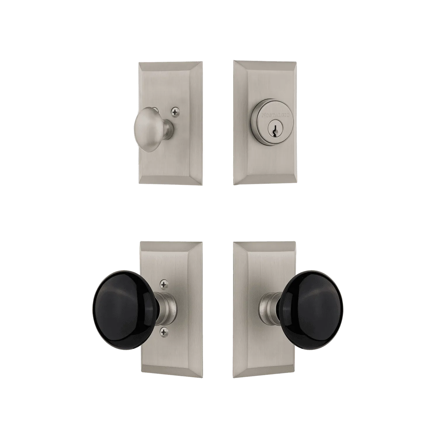 Studio Entry Set with Black Porcelain Knob in Satin Nickel
