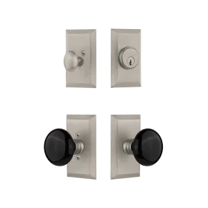 Studio Entry Set with Black Porcelain Knob in Satin Nickel