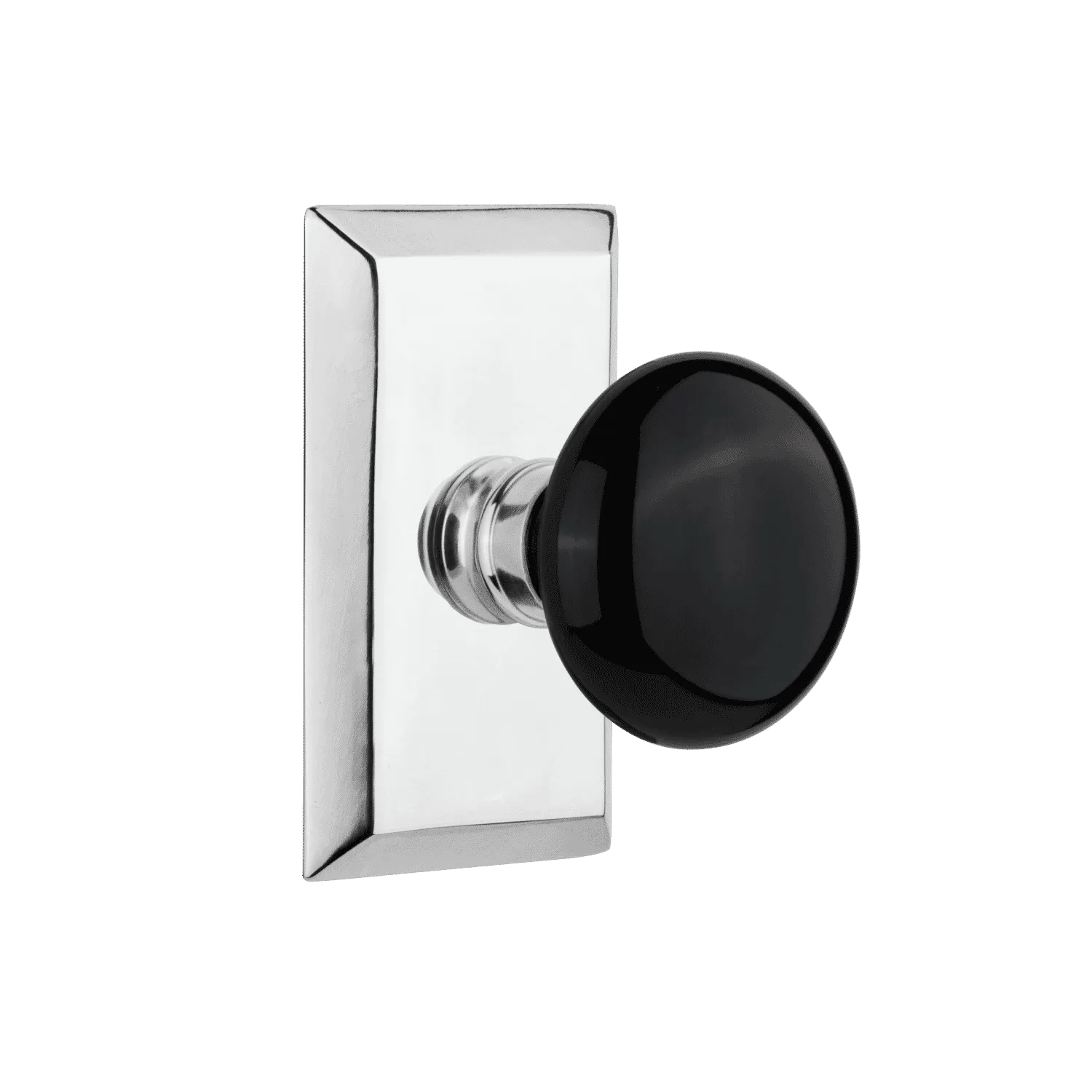 Studio Short Plate with Black Porcelain Knob in Bright Chrome