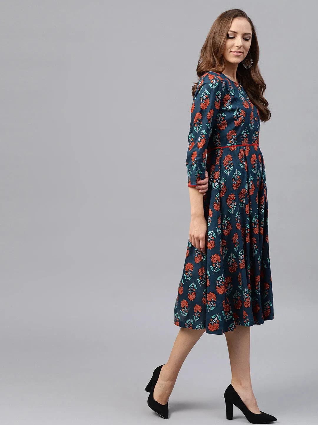 Women Blue & Red Floral Anarkali