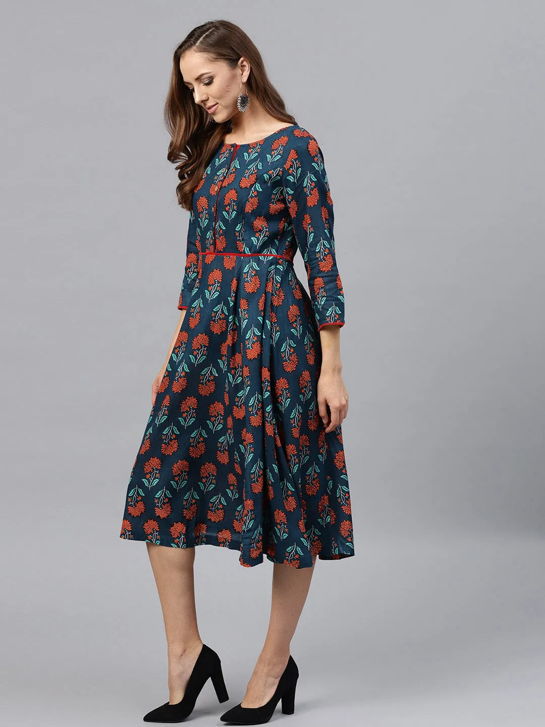 Women Blue & Red Floral Anarkali