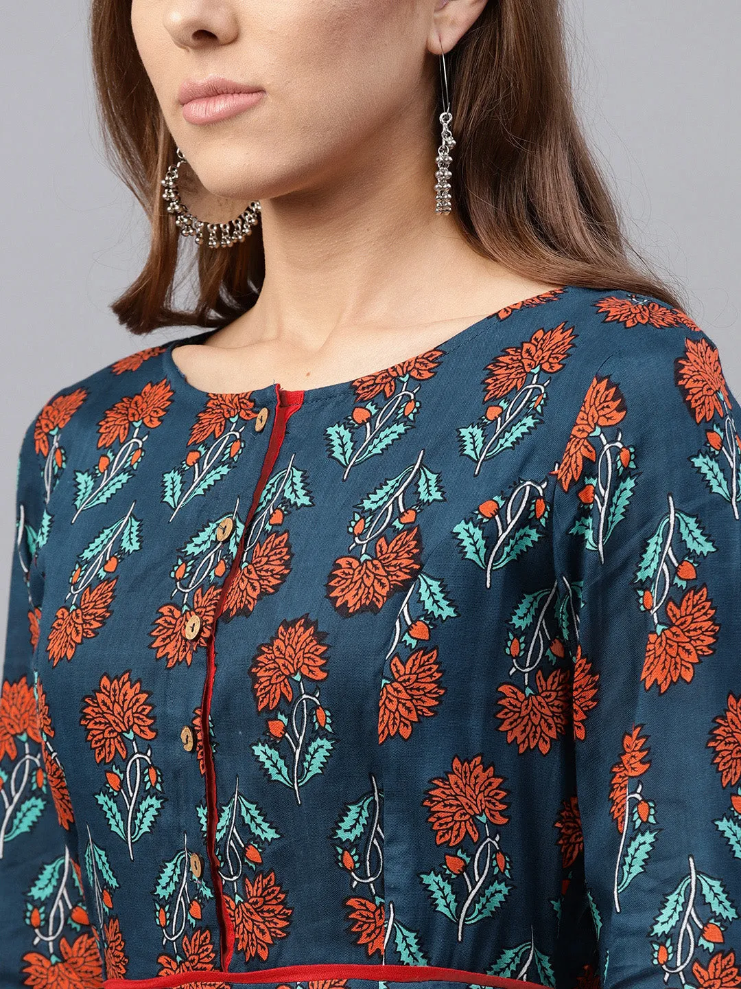 Women Blue & Red Floral Anarkali