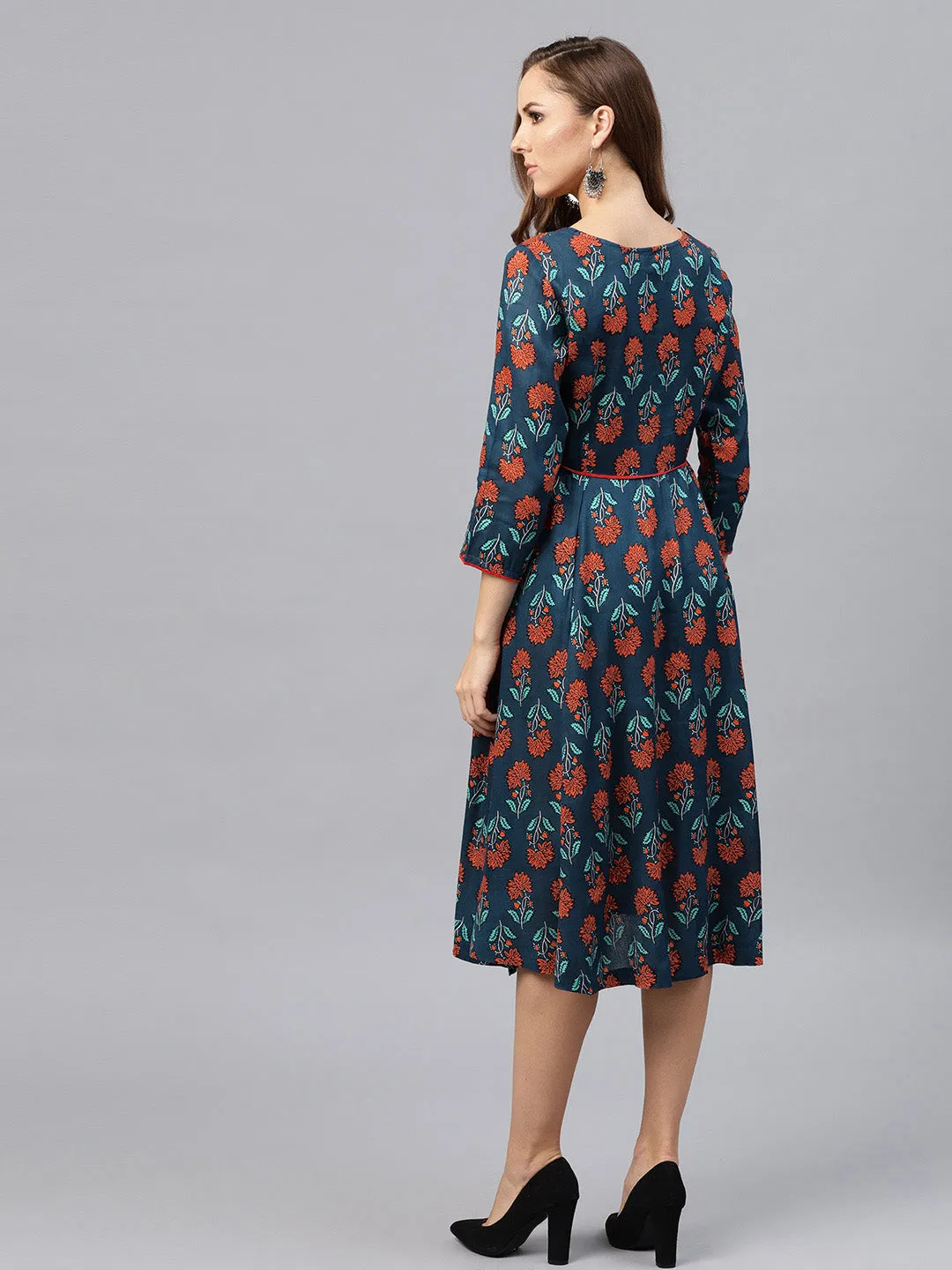 Women Blue & Red Floral Anarkali