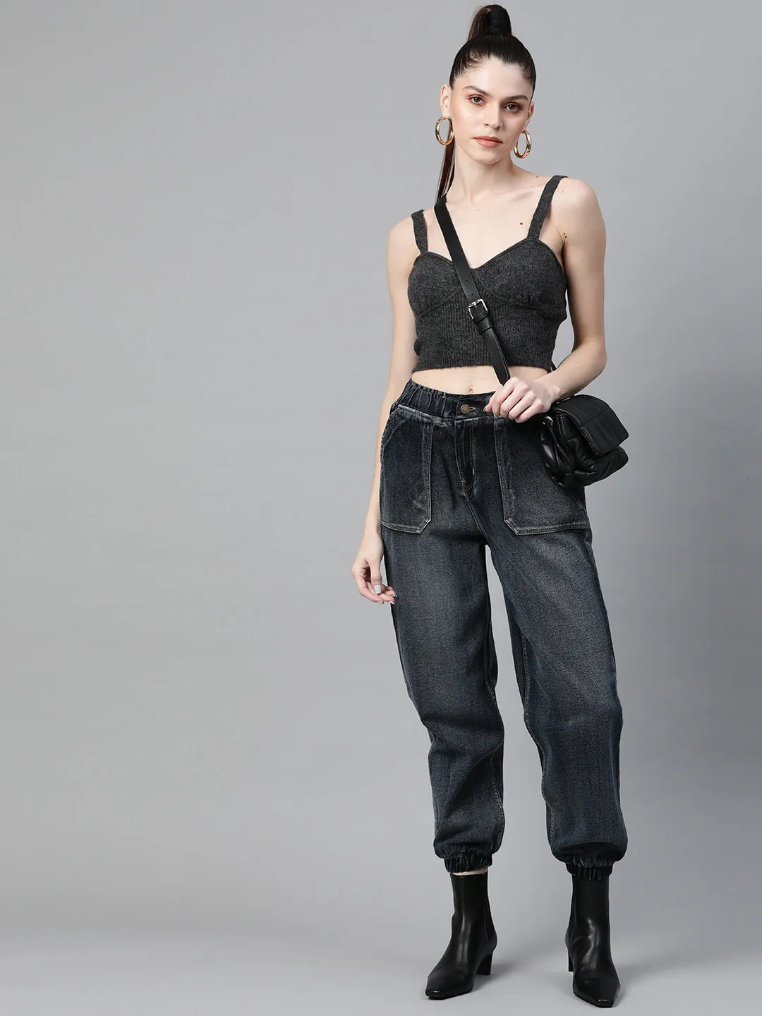Women Navy Washed Utility Denim Jogger Jeans