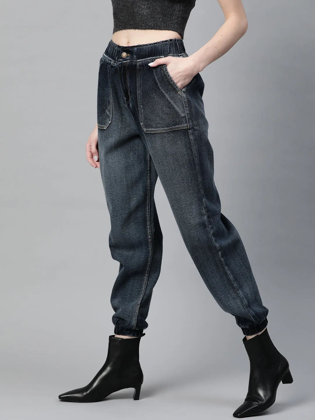 Women Navy Washed Utility Denim Jogger Jeans