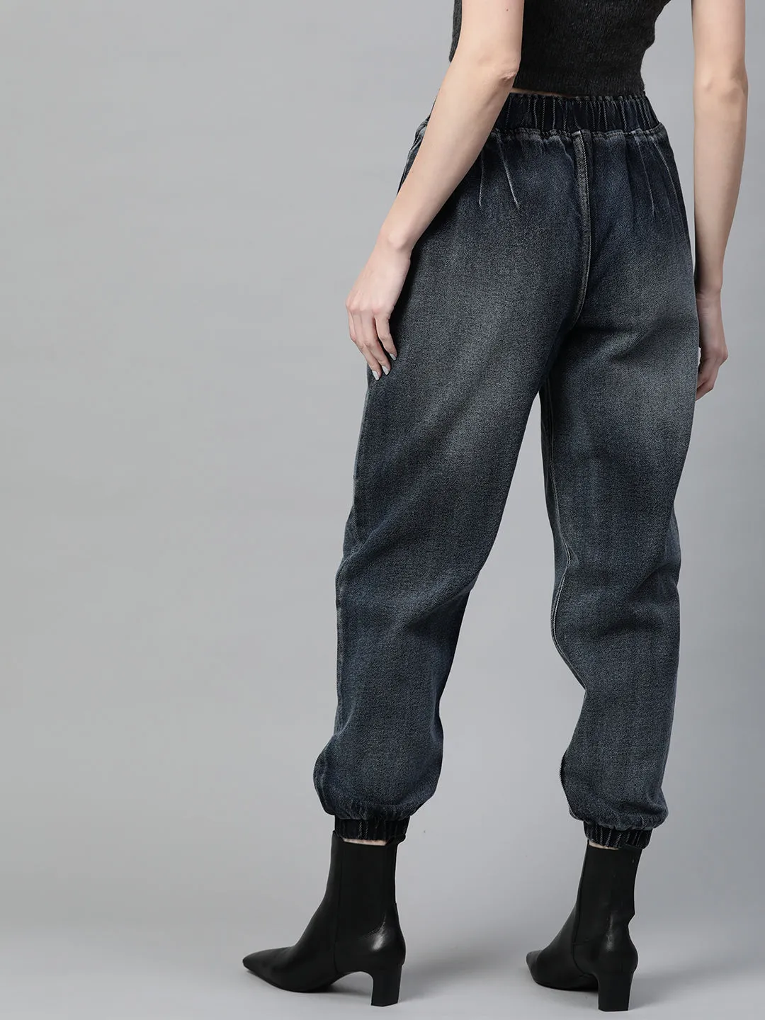 Women Navy Washed Utility Denim Jogger Jeans