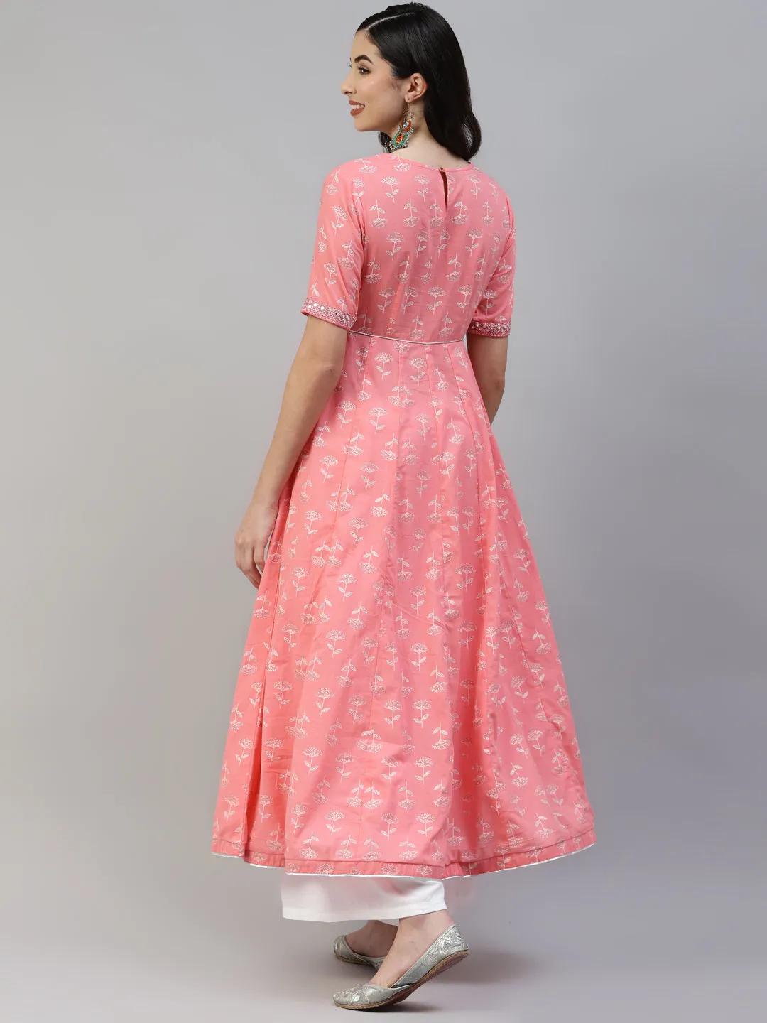Women Pink Cotton Silver Printed Embroidery Anarkali Kurta