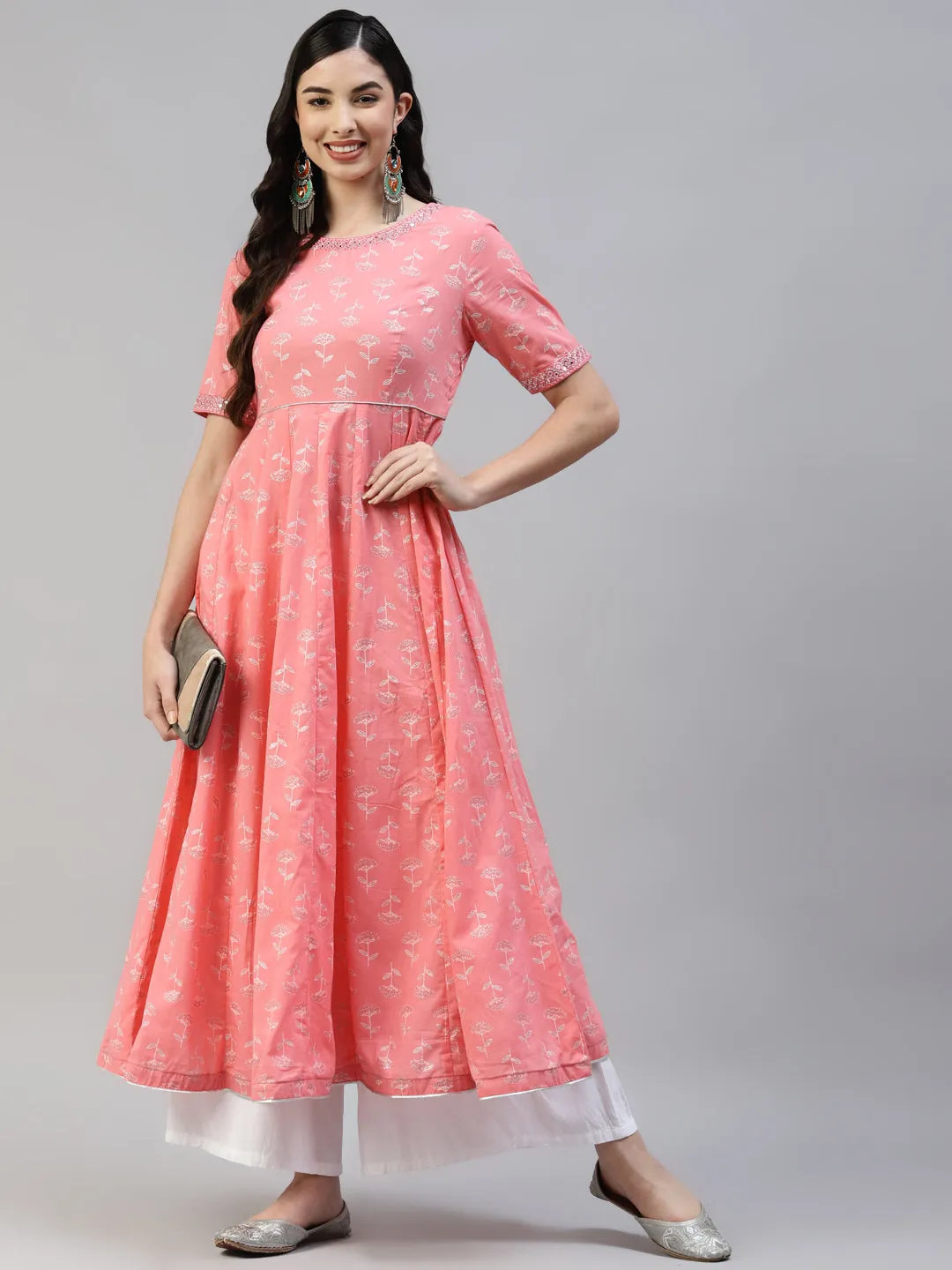 Women Pink Cotton Silver Printed Embroidery Anarkali Kurta