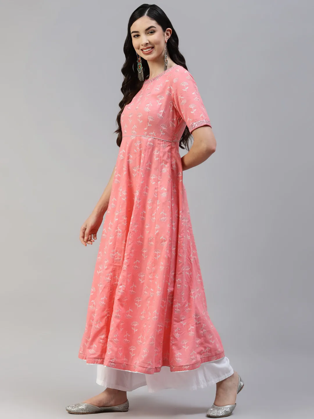 Women Pink Cotton Silver Printed Embroidery Anarkali Kurta